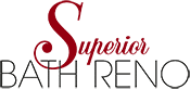Superior Bath Reno logo featuring elegant typography with "Superior" in red and "BATH RENO" in black, representing a bathroom and kitchen renovation company.